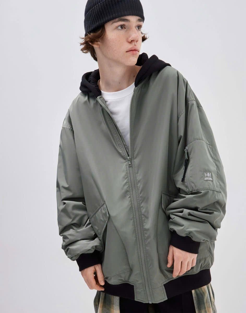 AKBT39 - Áo khoác phao bomber oversize phối mũ nỉ GGJJ dư xịn cho bé 2 màu đen/rêu size 6-14y