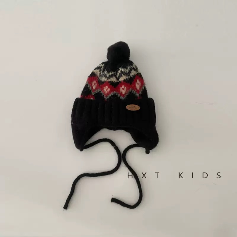 Mũ len chùm tai cục bông họa tiết thổ cẩm cho bé size 47-52cm