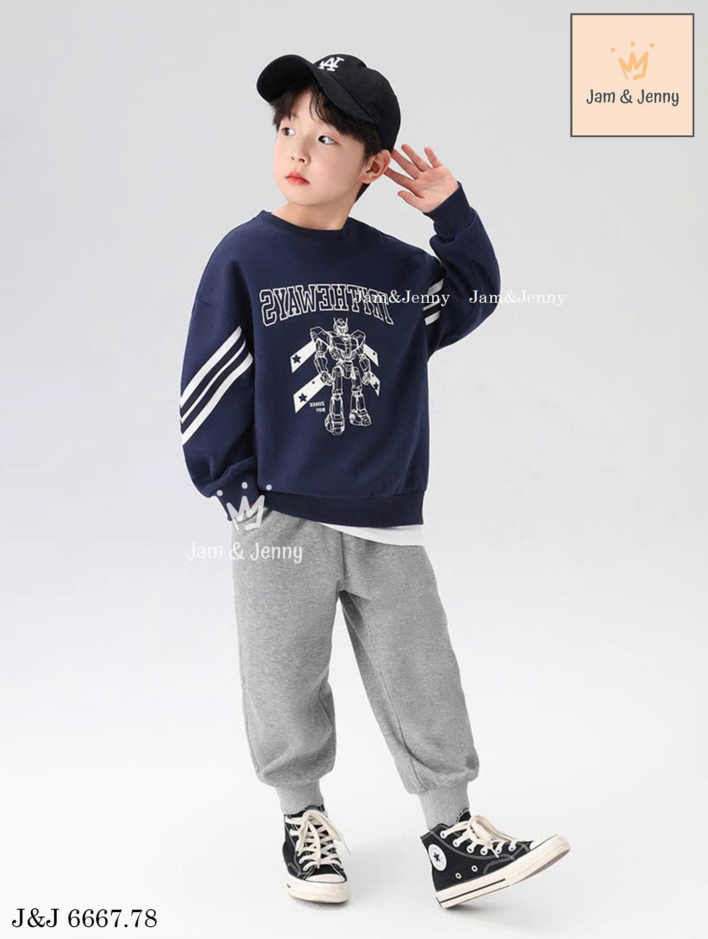 JJ 6667 - Bộ nỉ hai da Jam & Jenny áo navy robot + quần ghi bé trai size 2-12y