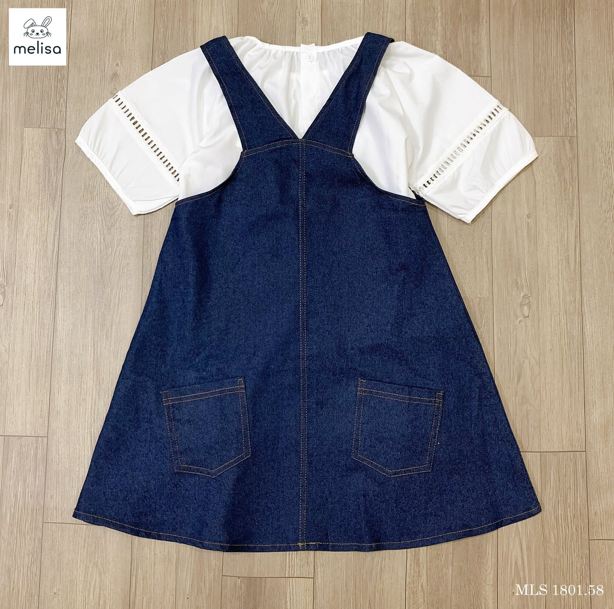 Set Melisa áo thô trắng - váy yếm jean xanh size 2 - 12y