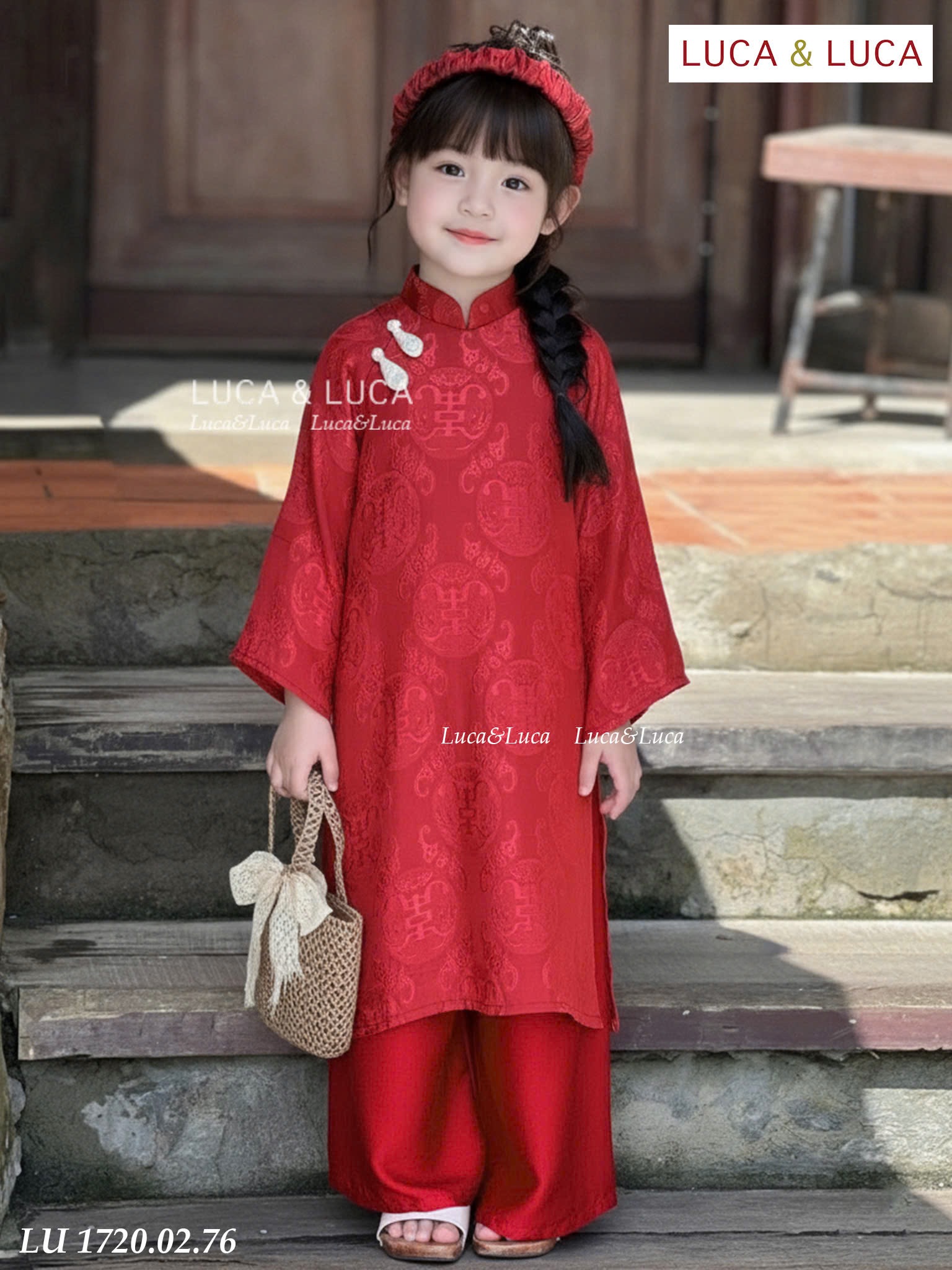 LU 1720 - Set áo dài LUCA gấm quần lụa 2 màu đỏ/xanh bé gái size 2-12y
