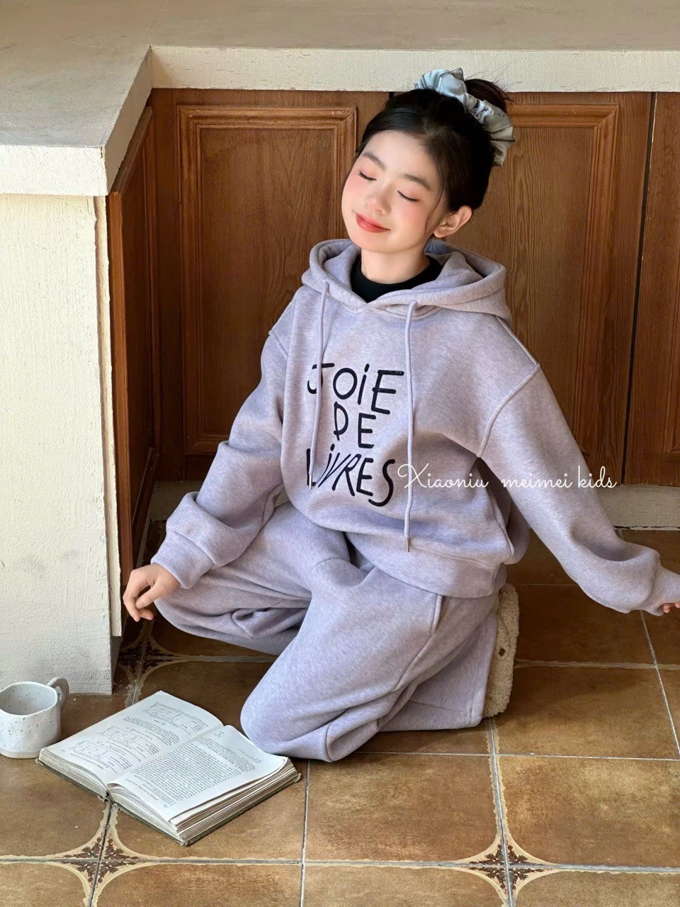 25559 - Bộ nỉ hoodie QCCC có lót đại hàn 2 màu ghi/tím cho bé size 120-160