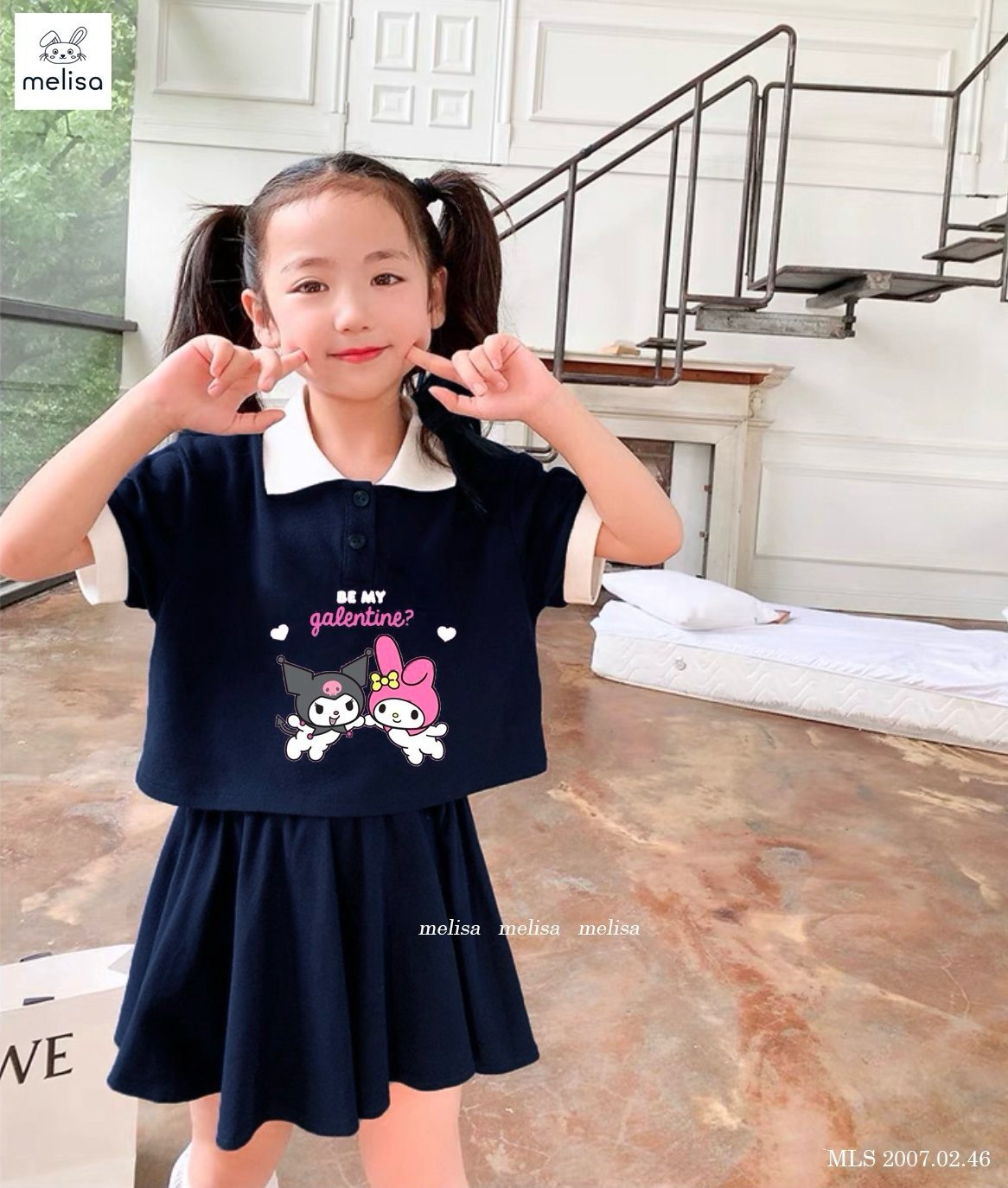 Set bộ Melisa áo polo croptop Kuromi - chân váy liền quần size 2-12y