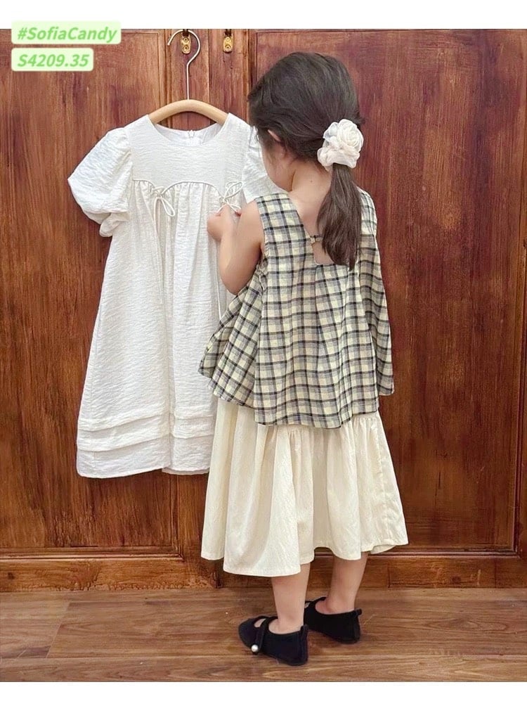 S4209 - Set bộ tiểu thư Sofia Candy áo kẻ sát nách phối chân váy trắng size 1-10y