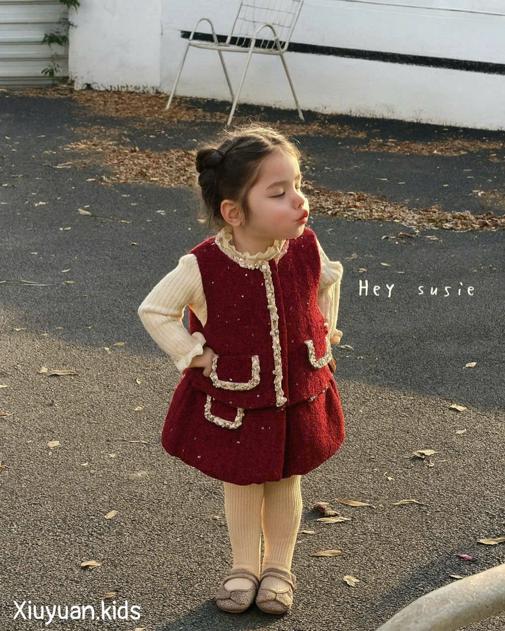 X25105 - Set 3ct áo len tăm + gile + chân váy dạ đỏ bé gái size 90-130