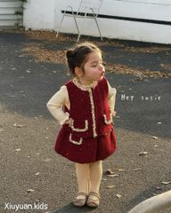 X25105 - Set 3ct áo len tăm + gile + chân váy dạ đỏ bé gái size 90-130