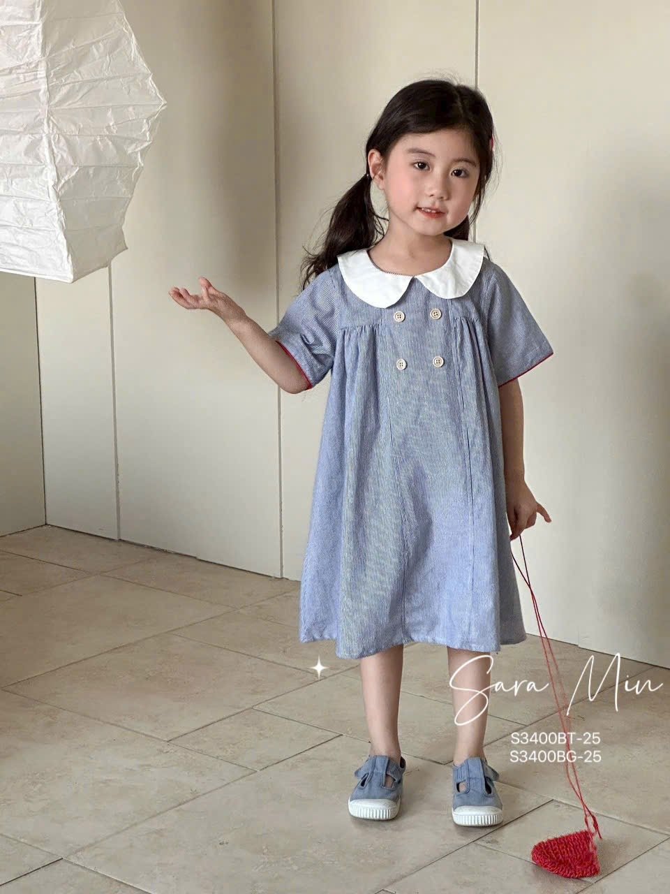 S3400 - Set bộ/ Váy Sara Min kẻ xanh cho bé mặc đôi size 2-12y