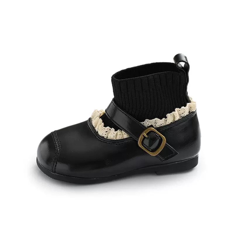 Q30 - Bốt da cổ chun viền ren 2 màu cho bé gái size 21-30