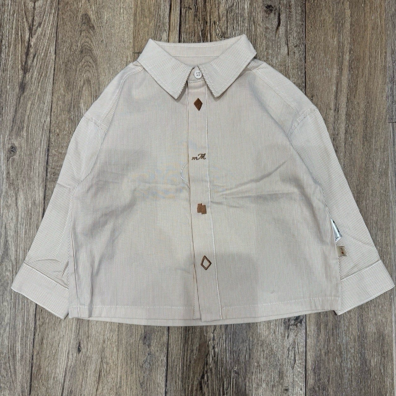 Áo sơ mi MM xuất Hàn kẻ sọc nâu be cho bé trai size 100-120
