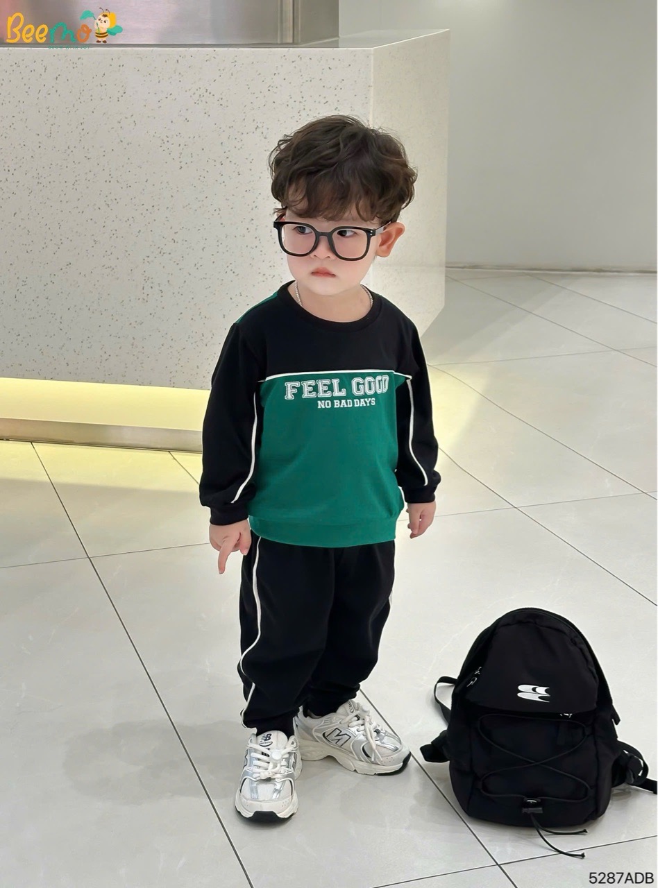 Bộ cotton dài tay phối chữ Beemo 2 màu nâu/xanh bé trai size 1-6y