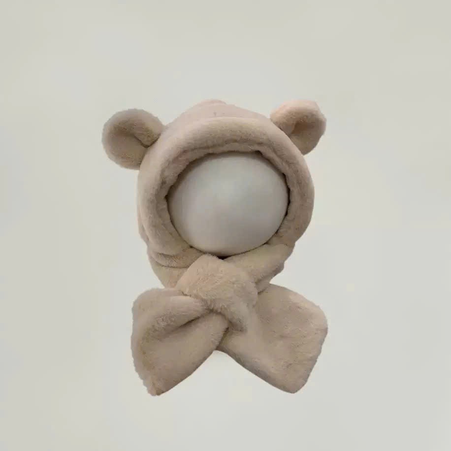 PK08 - Mũ choàng lông liền khăn tai gấu trơn màu cho bé Free size 2 - 6y