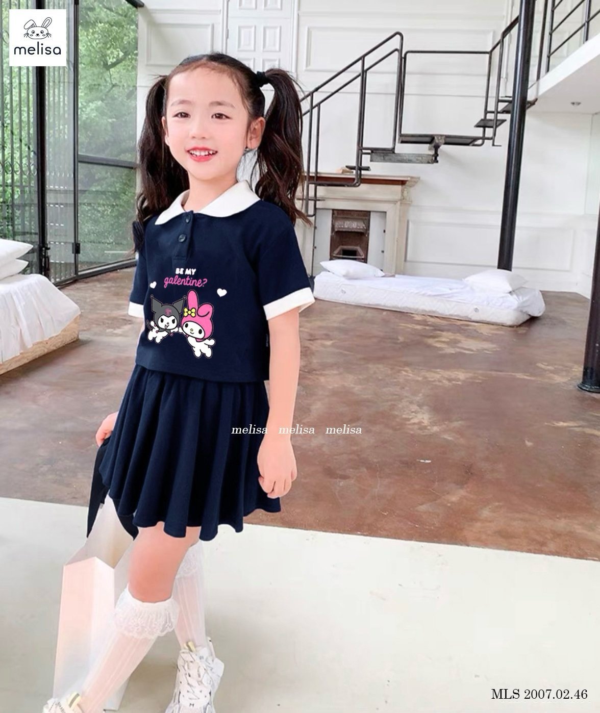 Set bộ Melisa áo polo croptop Kuromi - chân váy liền quần size 2-12y