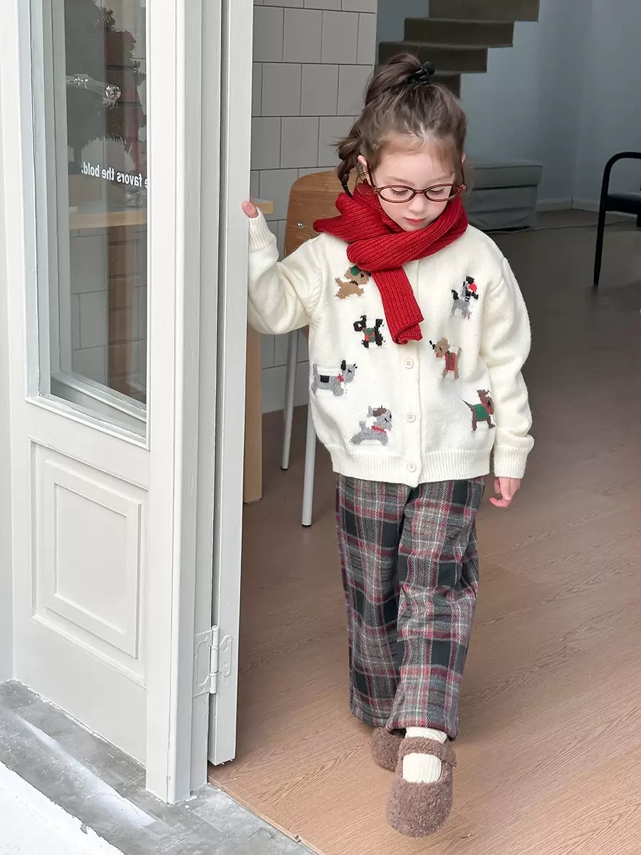 Cardigan len AMBB hoạ tiết cún 2 màu đỏ/kem bé gái size 90-160