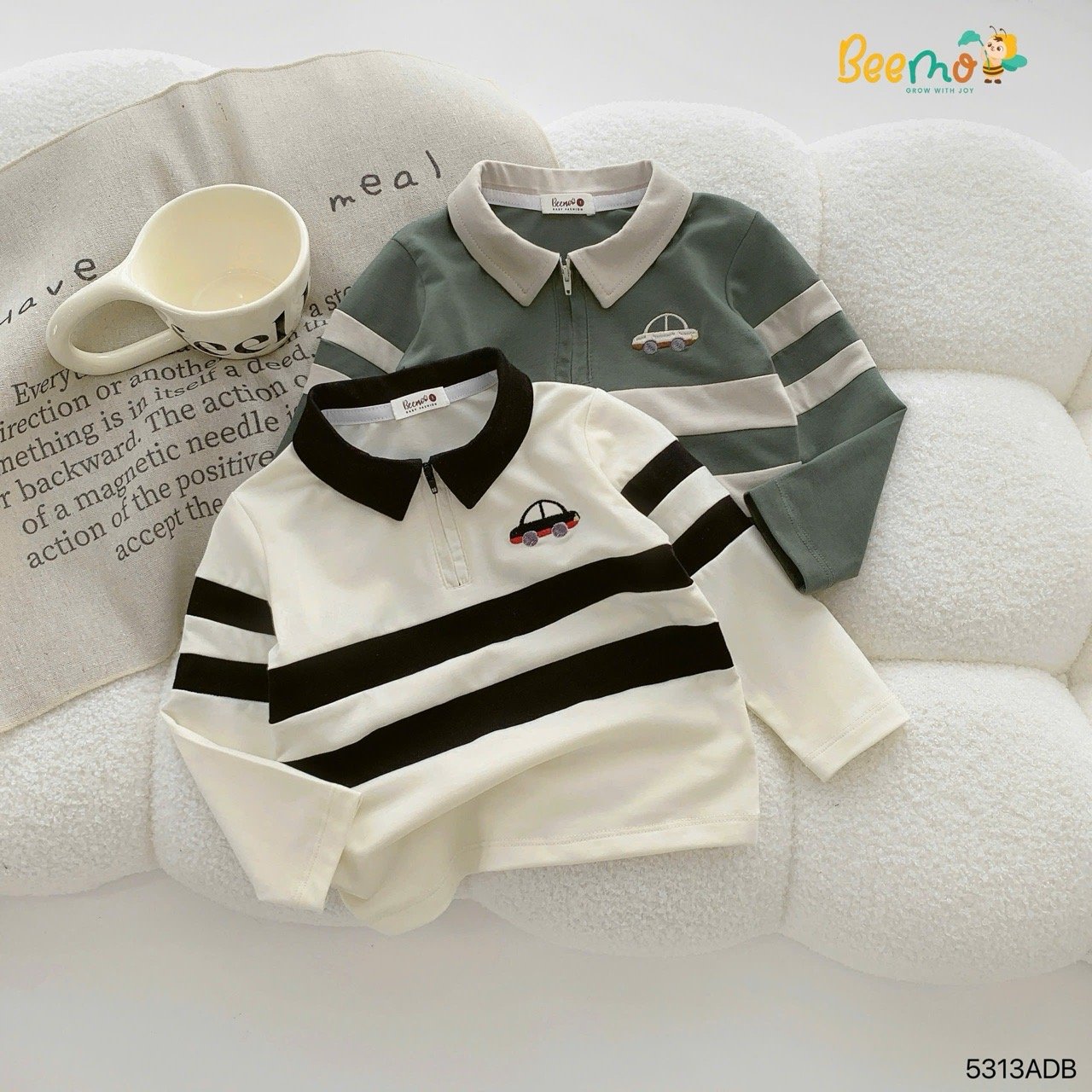 Áo polo cổ đức Beemo thêu ô tô 2 màu cho bé trai size 1-6y