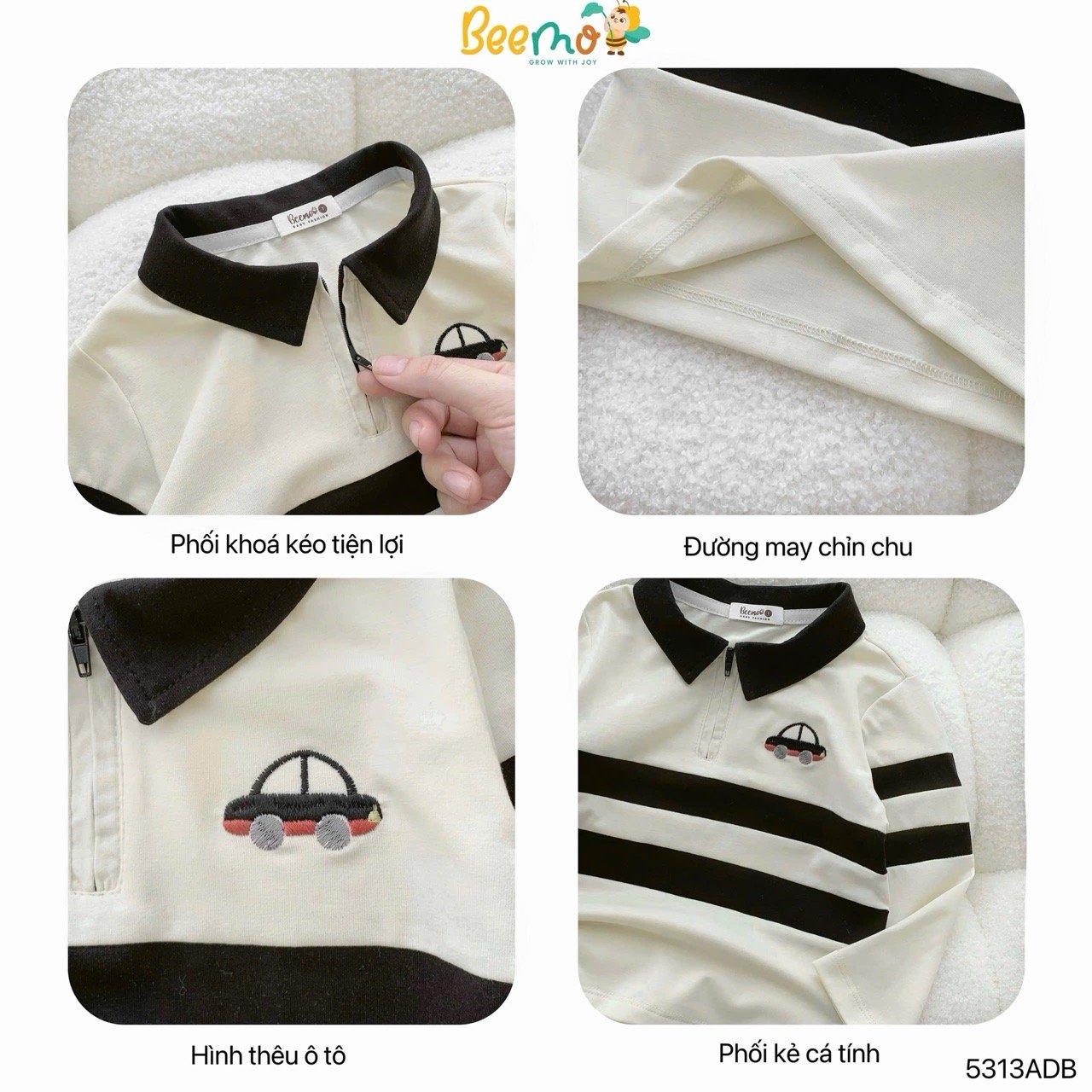 Áo polo cổ đức Beemo thêu ô tô 2 màu cho bé trai size 1-6y