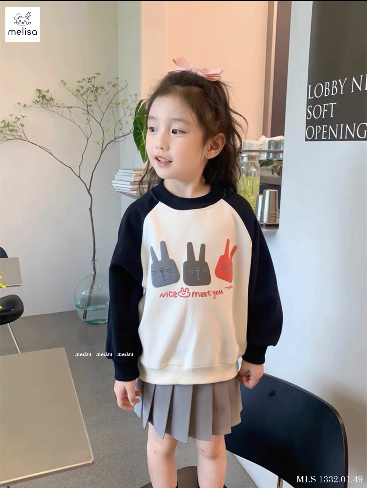 Set nỉ Melisa hình thỏ Nice Meet You - chân váy xếp li 2 màu size 2 - 12y