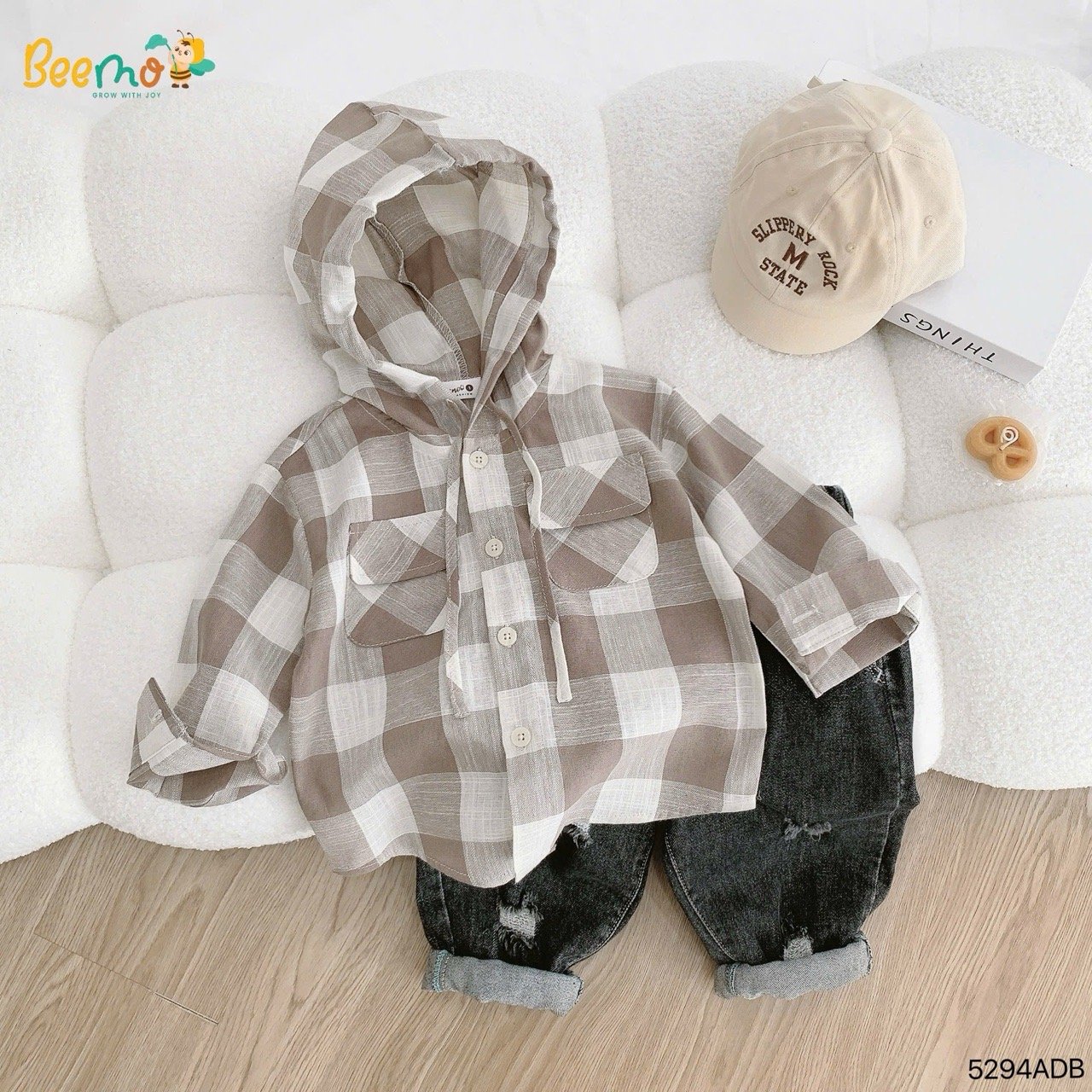 Áo sơ mi Beemo kẻ caro liền mũ 2 màu cho bé size 1-6y