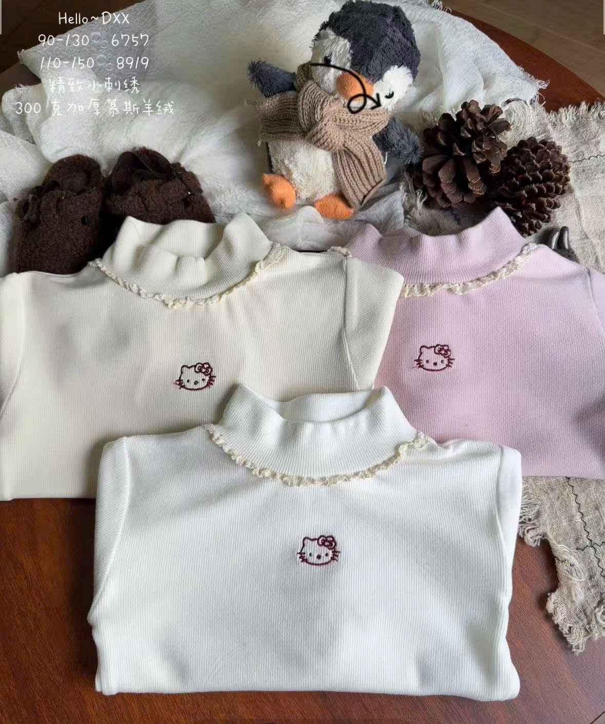 8919 - Áo thun tăm cổ 3p bèo thêu kitty nhiều màu cho bé size 110-150