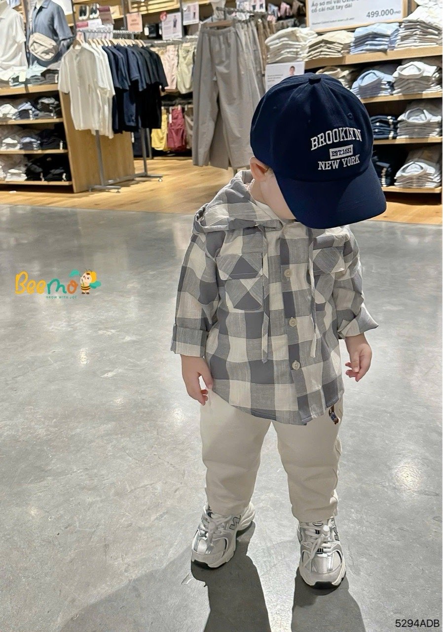 Áo sơ mi Beemo kẻ caro liền mũ 2 màu cho bé size 1-6y