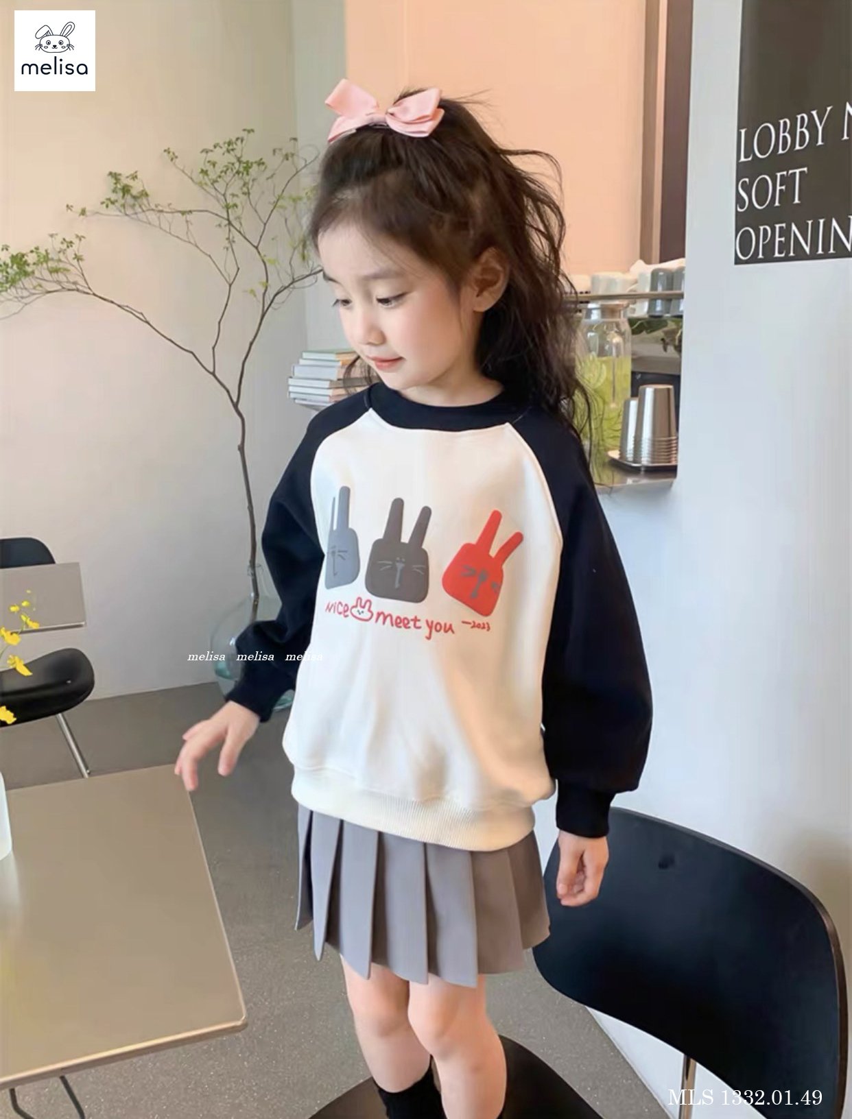 Set nỉ Melisa hình thỏ Nice Meet You - chân váy xếp li 2 màu size 2 - 12y