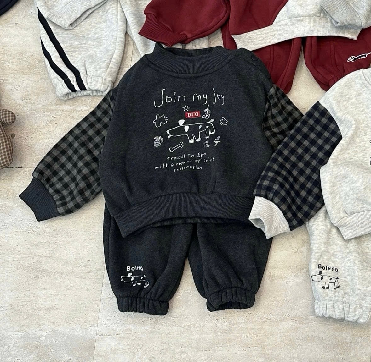 8839 - Bộ nỉ lót nỉ QCCC màu ghi đậm Join my joy bé trai size 73-100