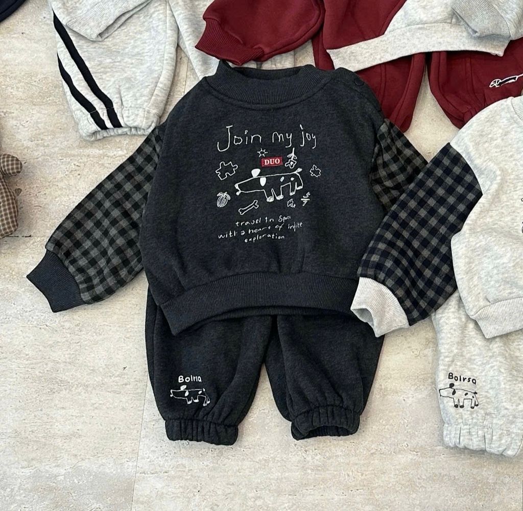 8839 - Bộ nỉ lót nỉ QCCC màu ghi đậm Join my joy bé trai size 73-100
