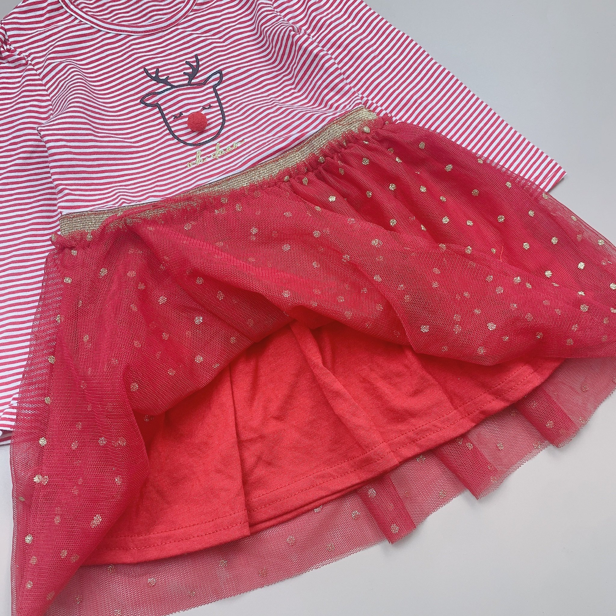 Váy George kẻ đỏ tuần lộc chân voan đỏ chấm nhũ vàng size 18m - 7y