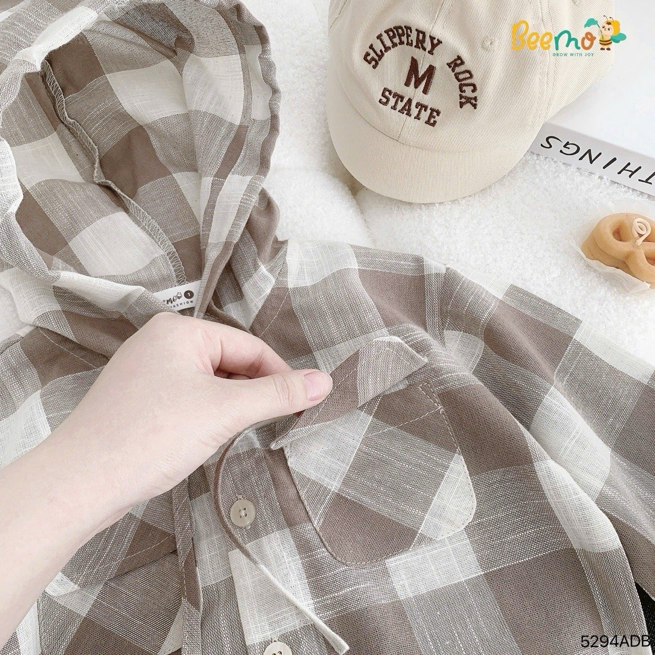 Áo sơ mi Beemo kẻ caro liền mũ 2 màu cho bé size 1-6y