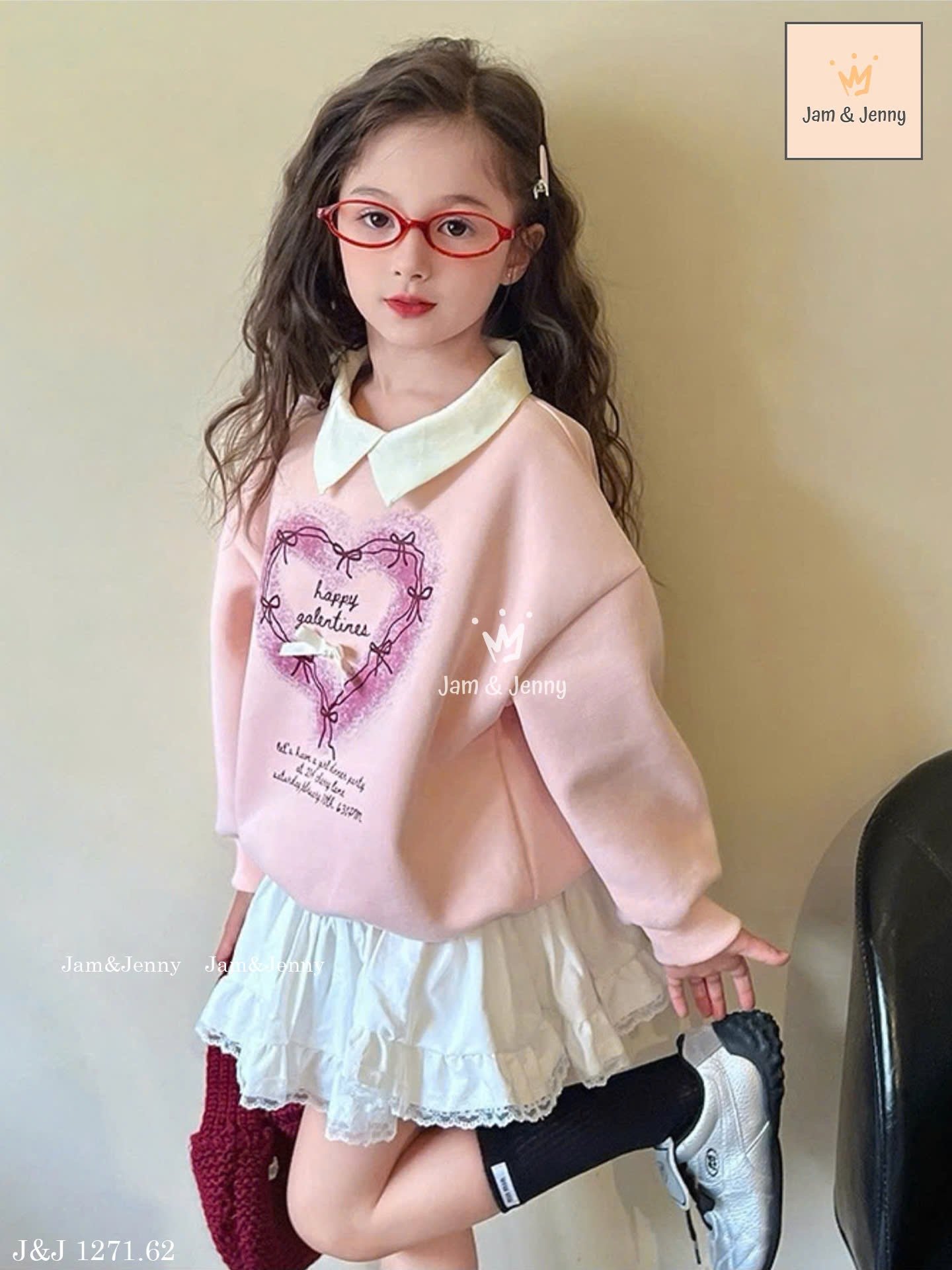 JJ 1271 - Set váy Jam & Jenny áo hồng cổ đức + chân váy trắng bé gái size 2-12y