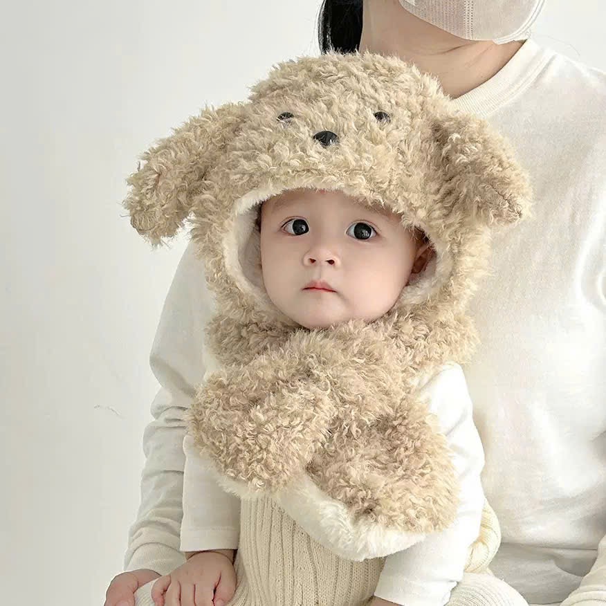 PK10 - Mũ choàng lông xù liền khăn hình cún cho bé Free size 2 - 6y