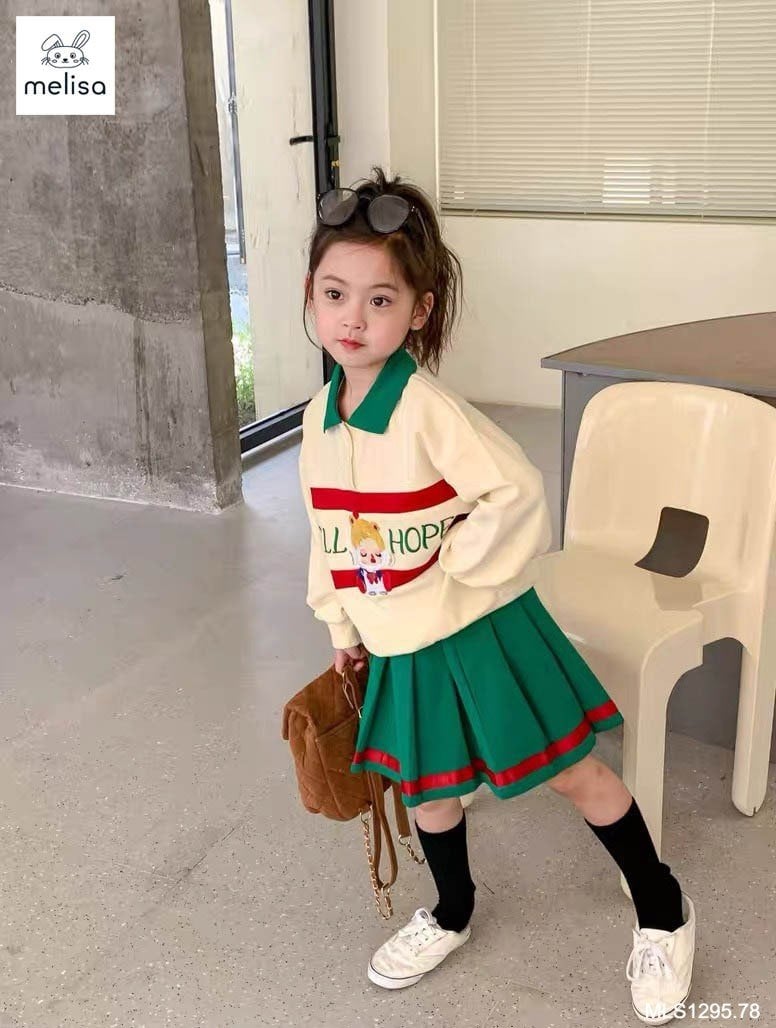 Set da cá Melisa áo kem phối xanh lá Well Hope + chân váy xanh lá size 2 - 12y