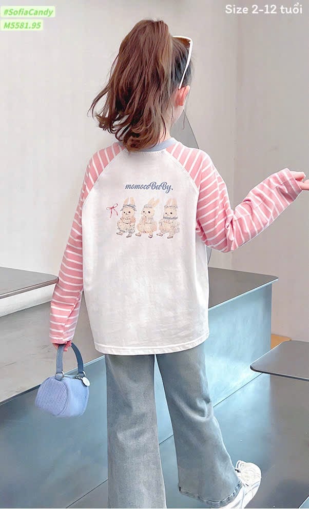 M5581 - Set bộ Mia Kids áo dài tay kẻ hồng + quần jean bé gái size 2-12y