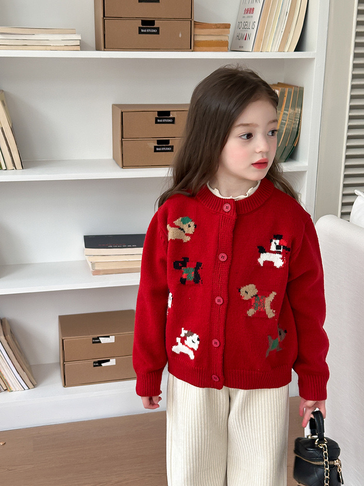 Cardigan len AMBB hoạ tiết cún 2 màu đỏ/kem bé gái size 90-160
