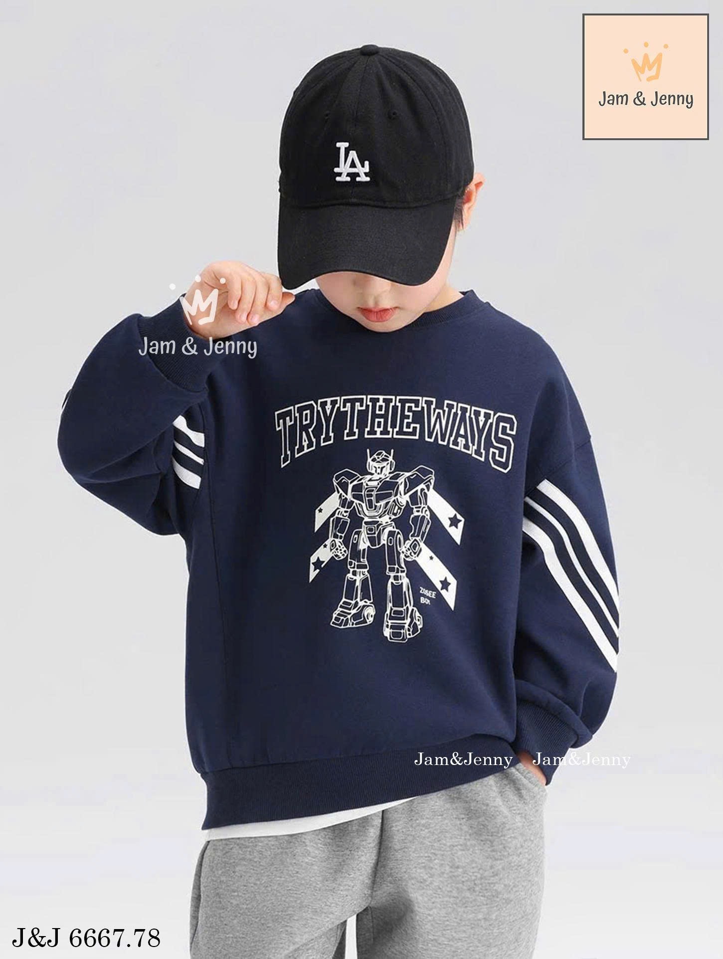 JJ 6667 - Bộ nỉ hai da Jam & Jenny áo navy robot + quần ghi bé trai size 2-12y