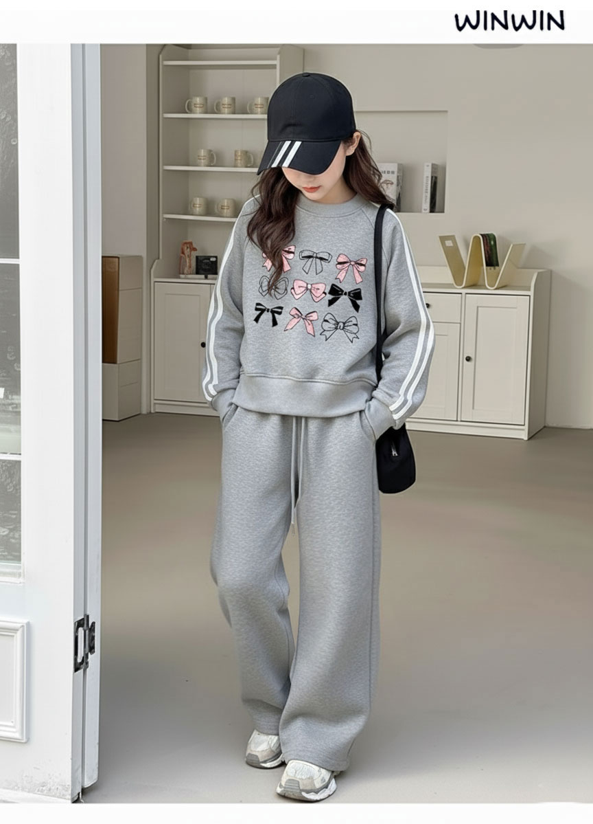 Bộ nỉ da cá Win Win áo nơ + quần ống suông nhiều màu size 3-14y