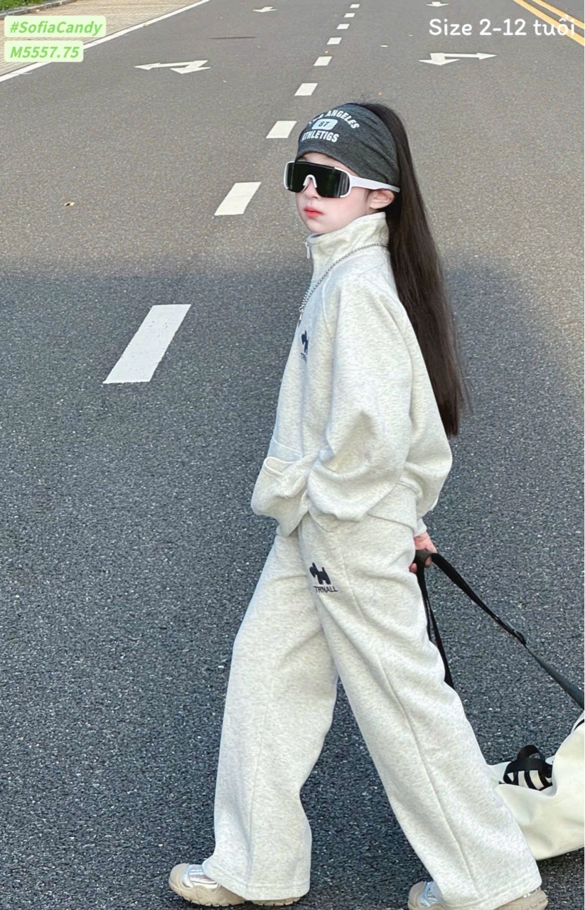 M5557 - Set bộ Mia Kids nỉ 2 da màu ghi cho bé size 2-12y