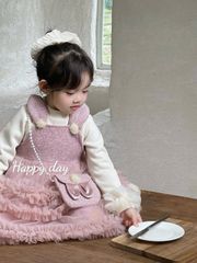 B25069 - Set 3ct áo len + váy dạ + túi 2 màu hồng/đỏ bé gái size 90-130