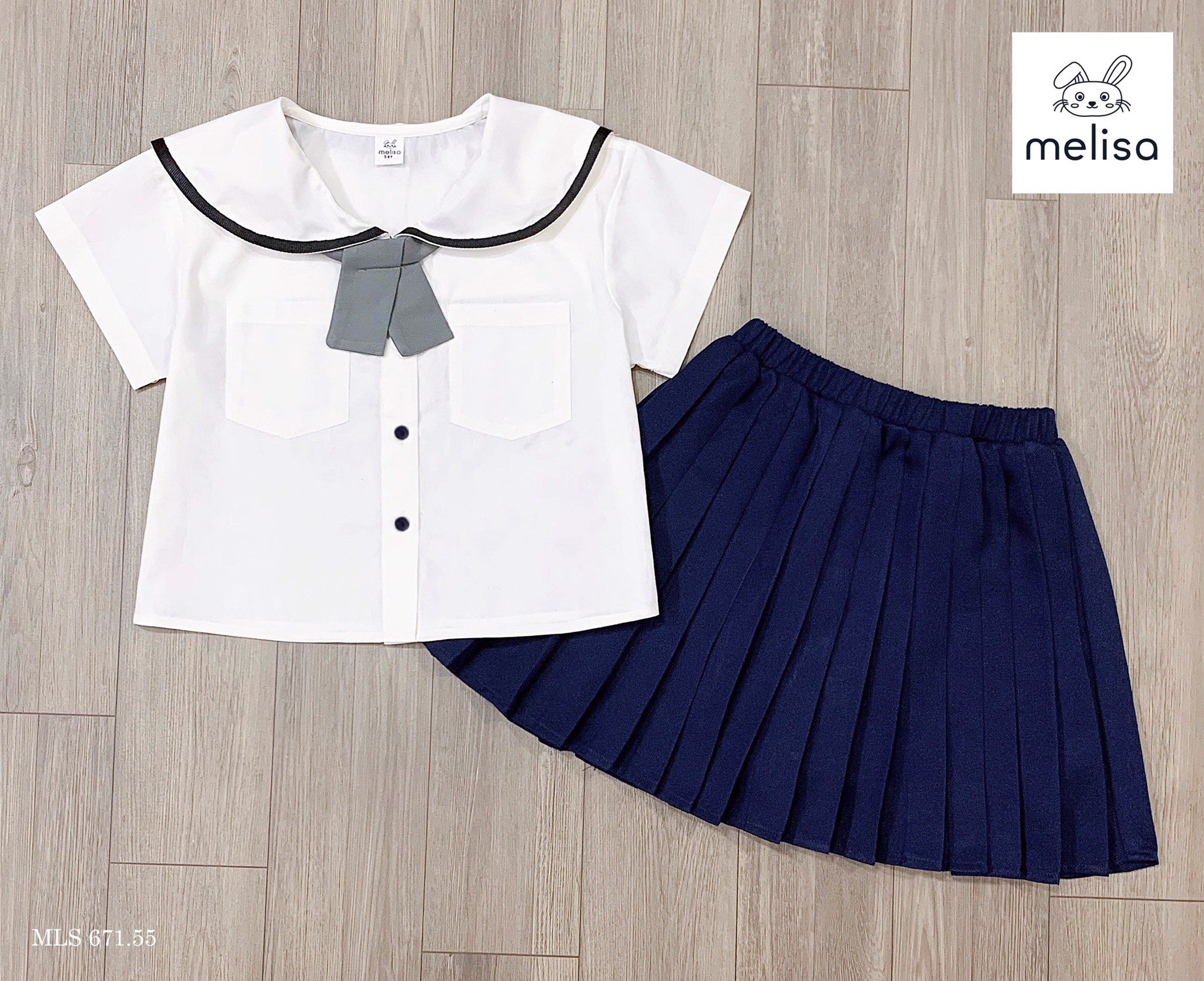 Set thô Melisa áo trắng kèm cavat - chân váy liền quần màu navy size 2 - 11y