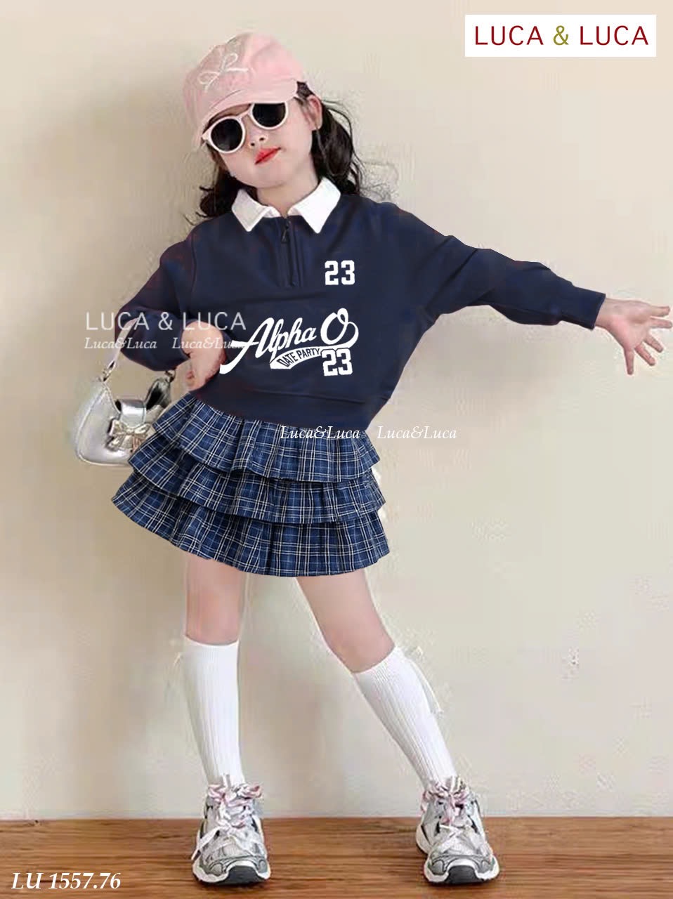 LU 1557 - Bộ bé gái Luca áo nỉ xanh Alpha 23 + chân váy kẻ 3 tầng size 2-12y