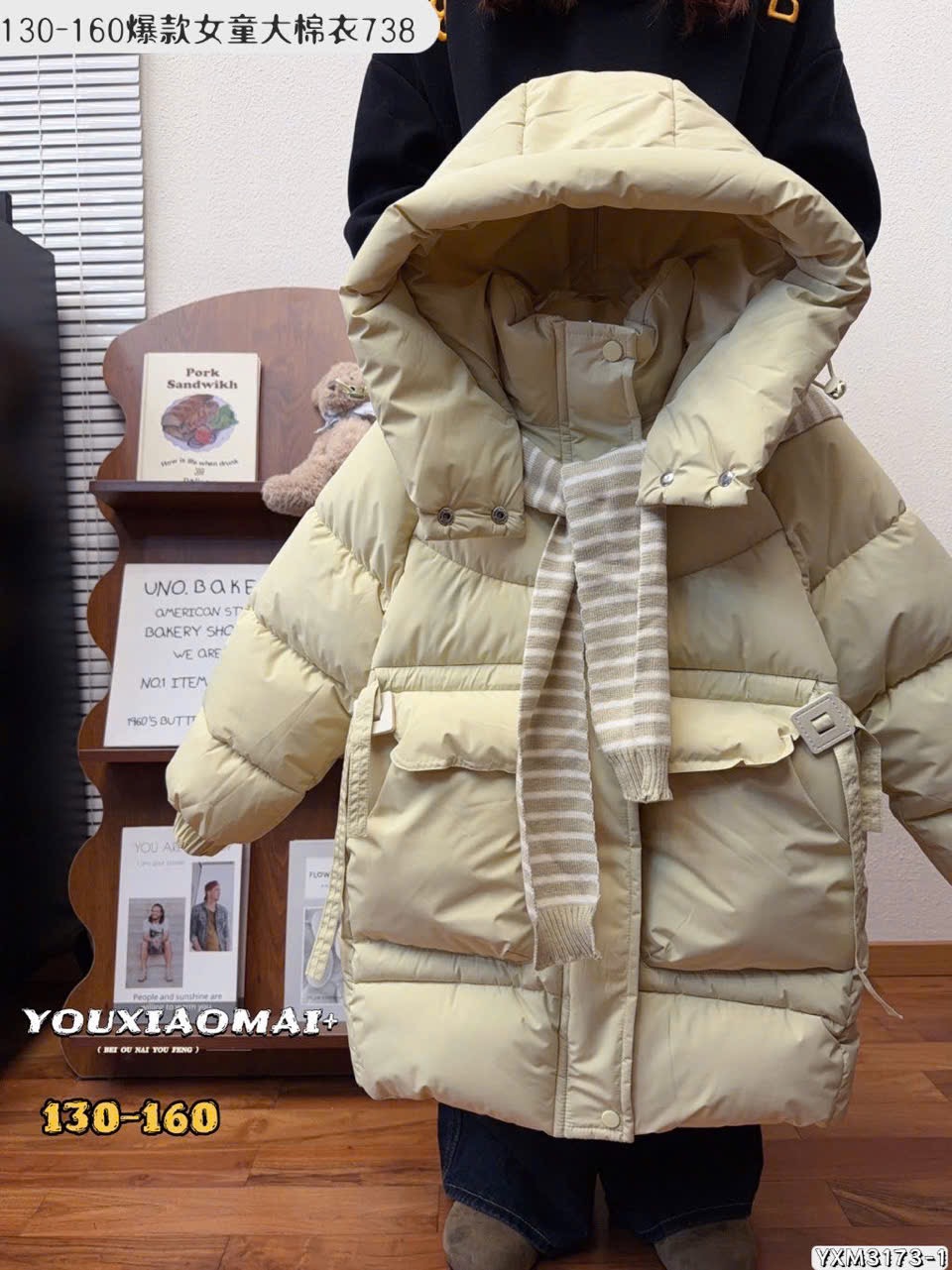 Áo khoác phao dáng dài lót nỉ kèm khăn nhiều màu cho bé size 130-160