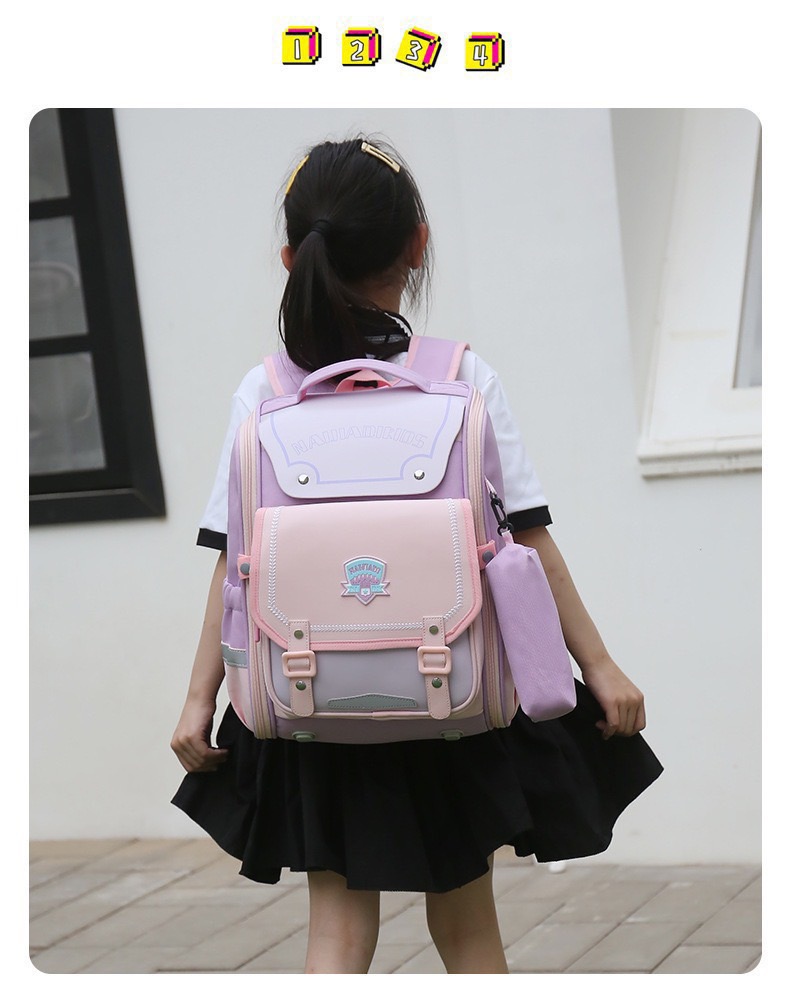 Balo, cặp sách chống gù siêu nhẹ chống thấm Naijadi Kids phối da nhiều màu BTBG tặng kèm hộp bút