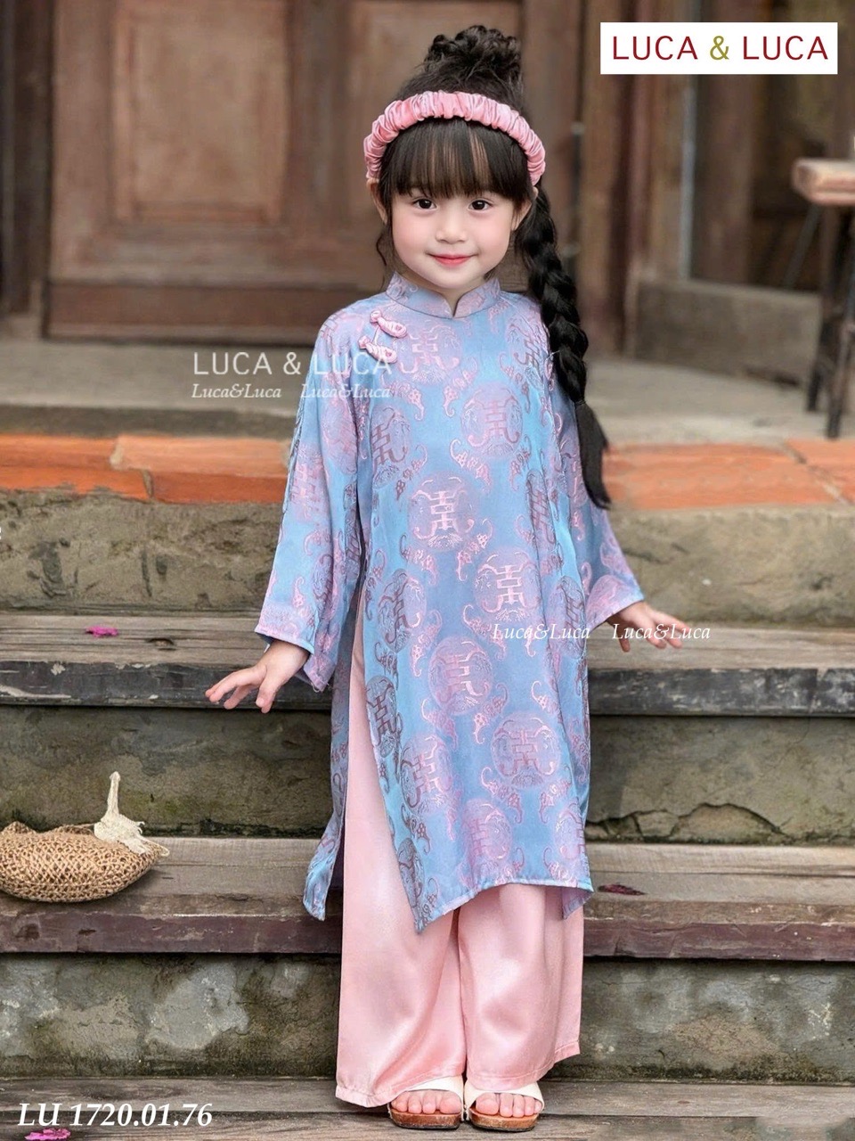 LU 1720 - Set áo dài LUCA gấm quần lụa 2 màu đỏ/xanh bé gái size 2-12y