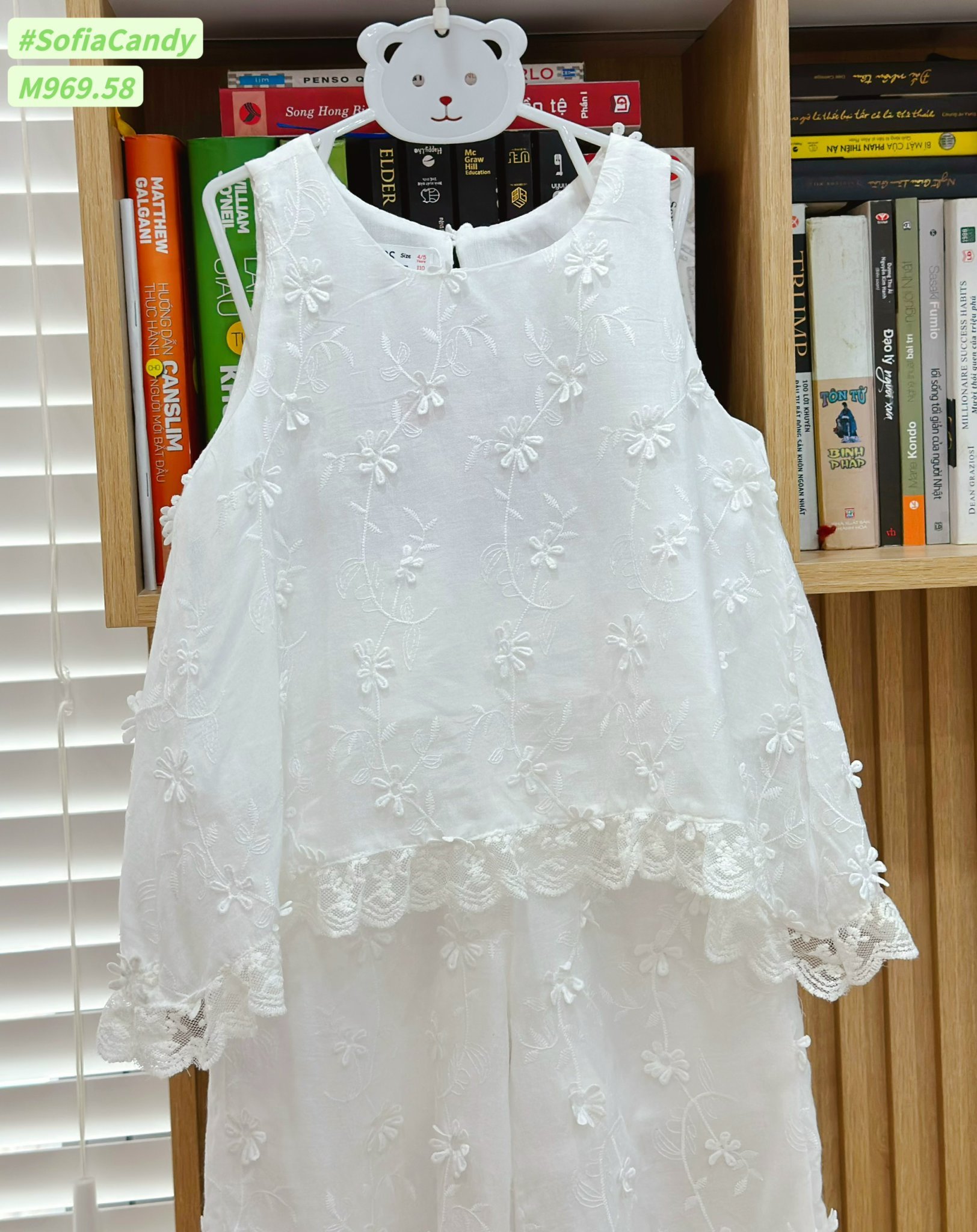 Bộ Mia Kids thô thêu đính hoa màu trắng áo sát nách + quần dài size 1-10y