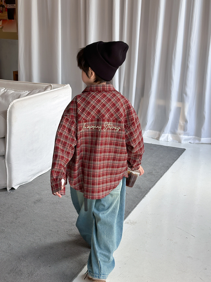 25F136 - Áo sơ mi AMBB vải dạ mềm kẻ nâu đỏ bé trai size 110-170