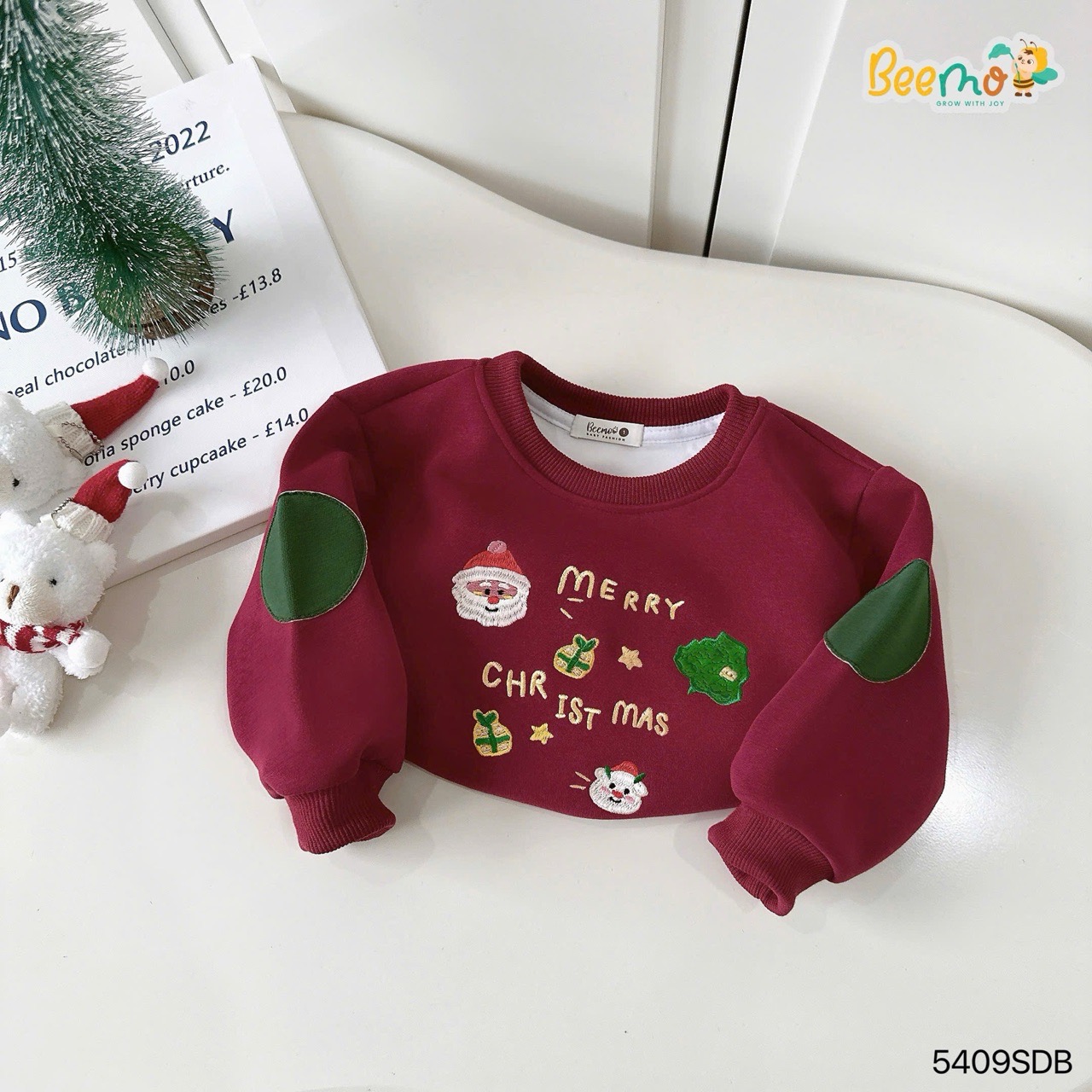 Áo nỉ Beemo màu đỏ Noel đáp tay thêu hình cho bé size 1-6y
