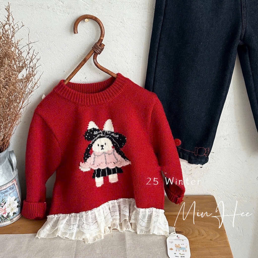 M5393 - Áo len đỏ gấu ren trắng cho bé size 90-130