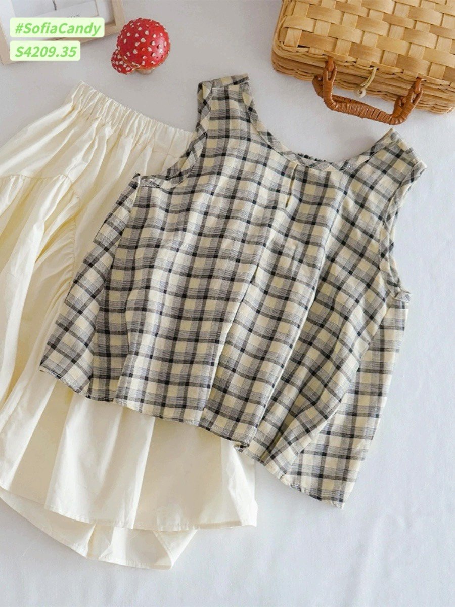 S4209 - Set bộ tiểu thư Sofia Candy áo kẻ sát nách phối chân váy trắng size 1-10y