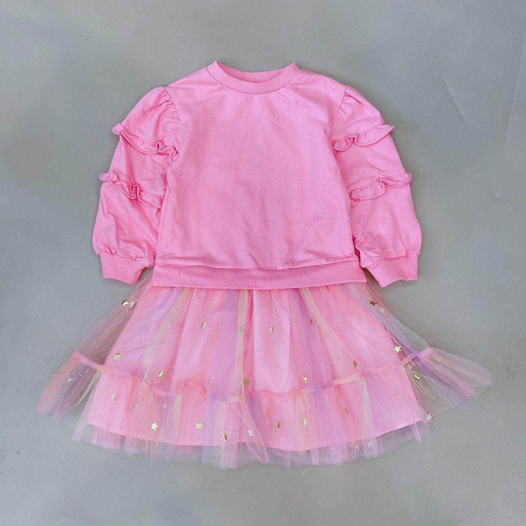 Váy nỉ da cá Bobdog màu hồng bèo vai phối chân voan sao size 110 - 140