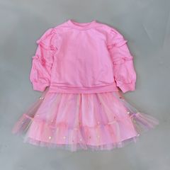 Váy nỉ da cá Bobdog màu hồng bèo vai phối chân voan sao size 110 - 140