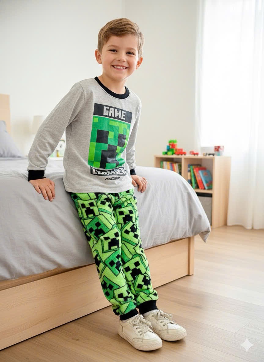 Bộ thun Minecraft màu ghi cho bé trai size 6-12y